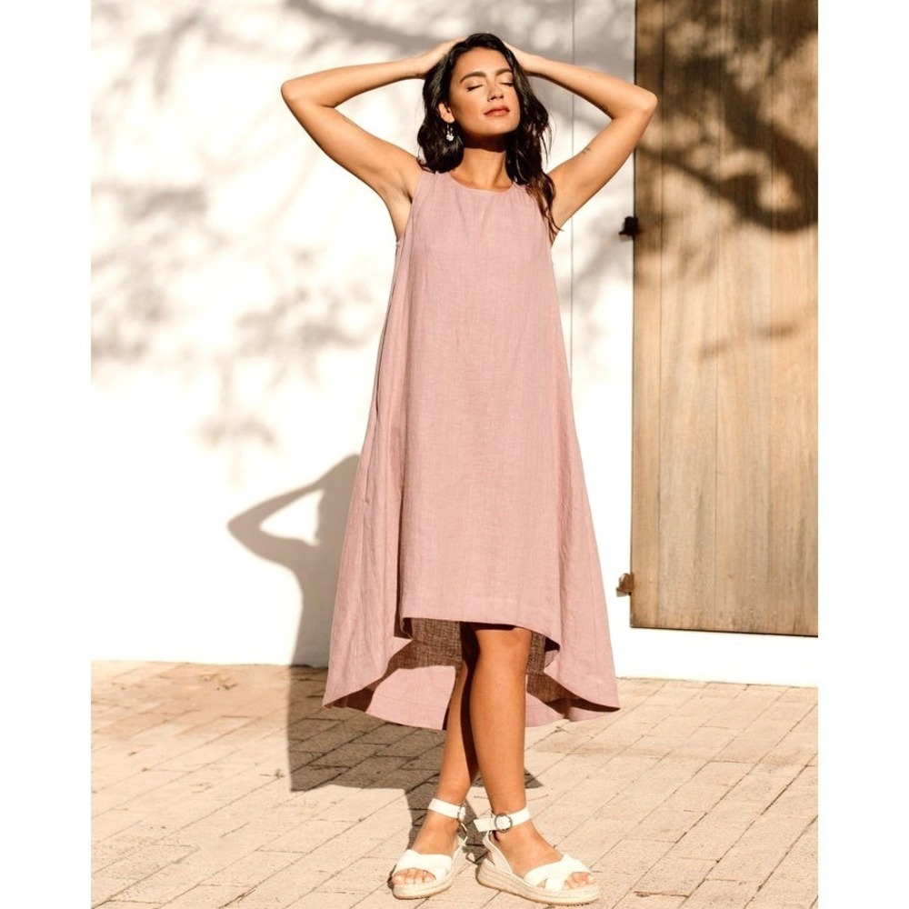 MagicLinen NWT Toscana High-Low Linen Dress Woodrose Pink Sleeveless‎ Shift- S